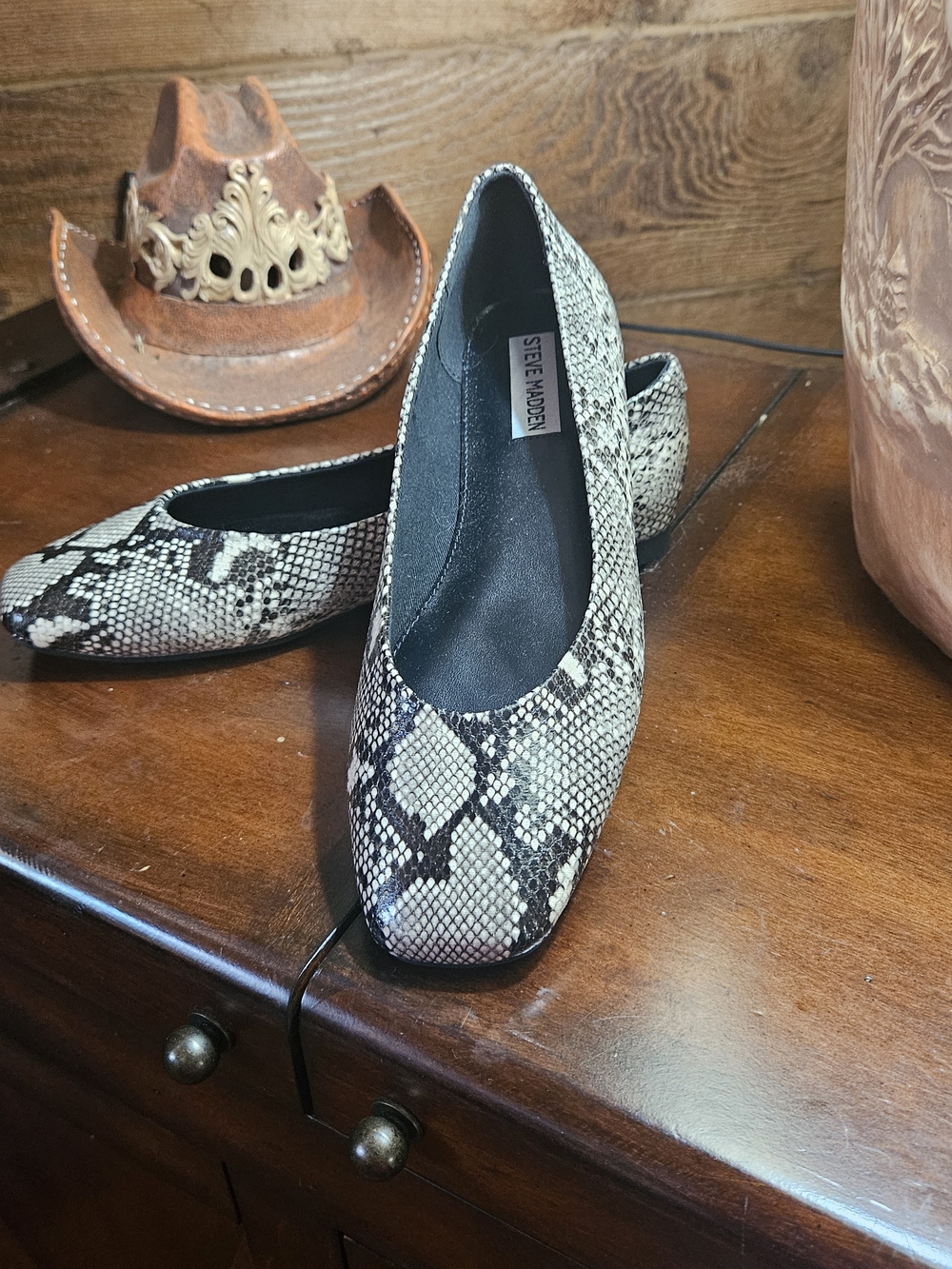 Steve Madden Snake-Print Ballet Flats in Beige and Black